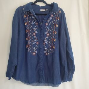 Joan Rivers Women's Sz XL metallic embroidered denim button up tunic blouse